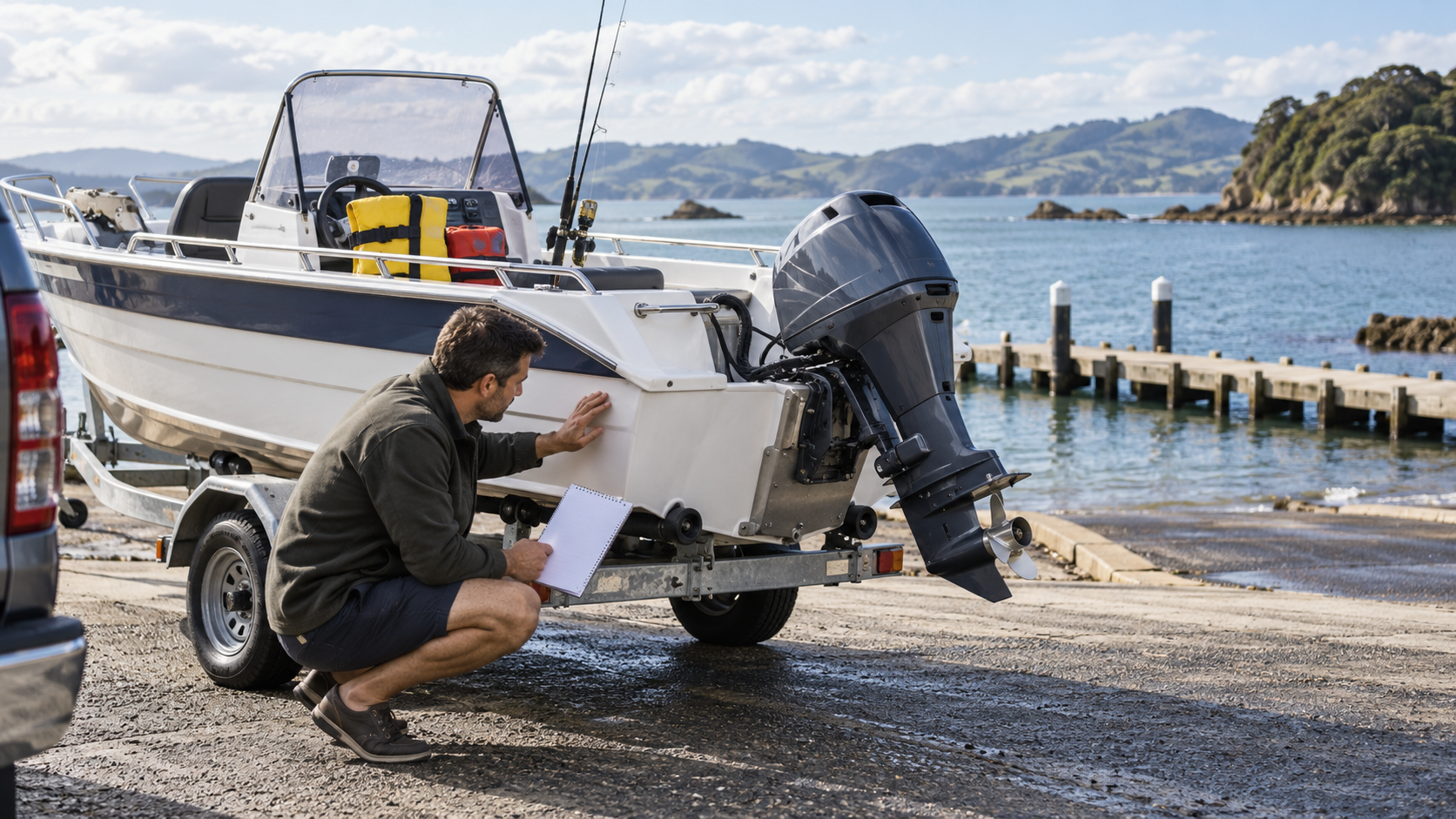 A buyer inspecting a small trailer boat before purchase.