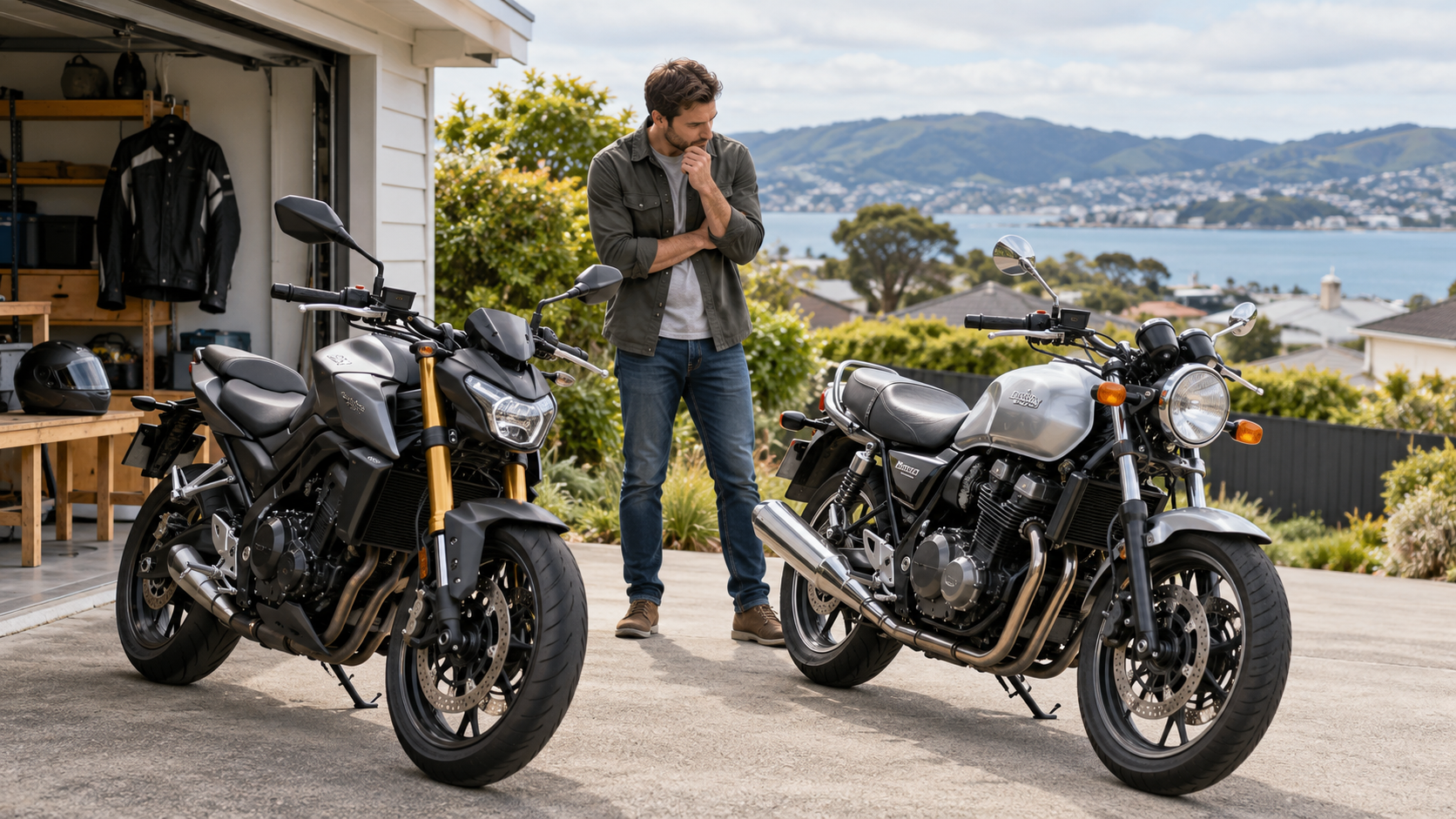 A person comparing two parked motorcycles before buying.