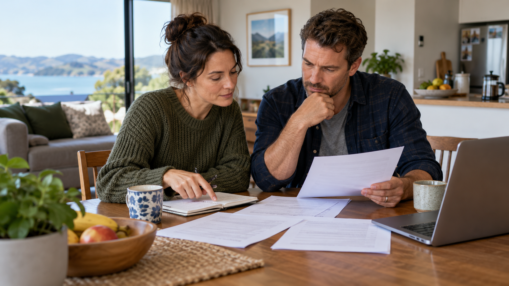 Two people comparing borrowing options at a dining table.