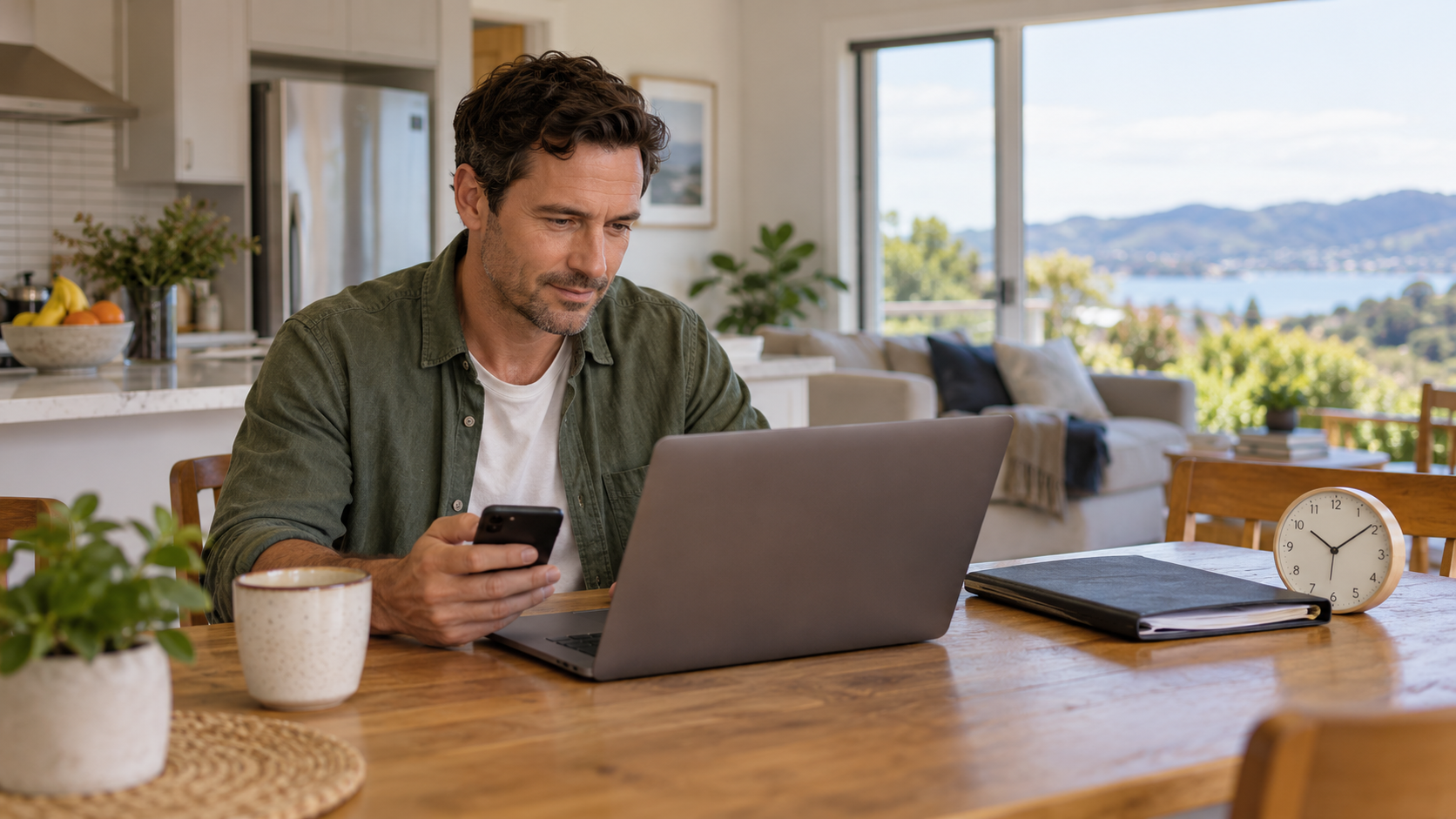 A person checking an online application at a kitchen table.