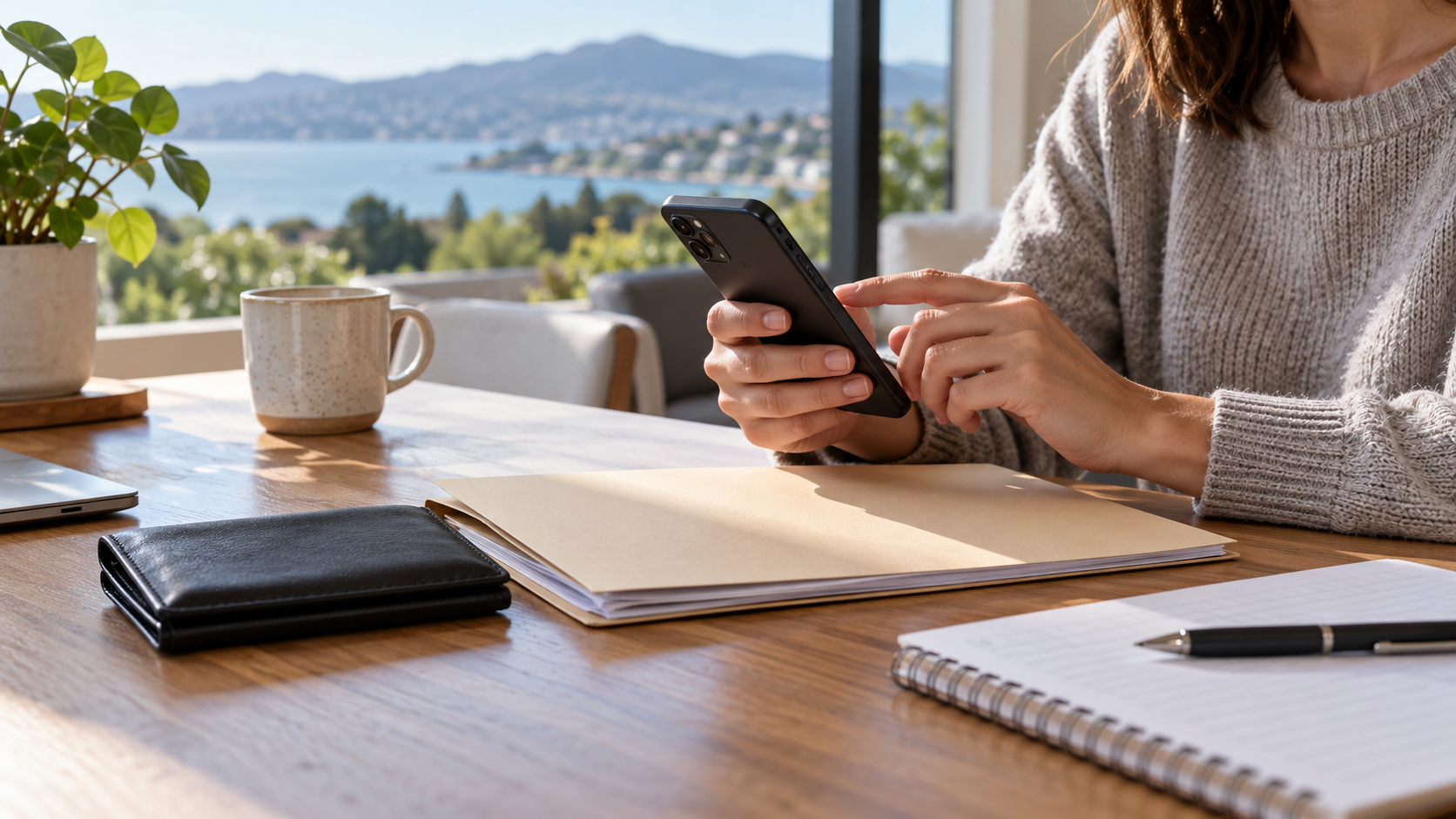 A person using a phone beside a folder and notebook.