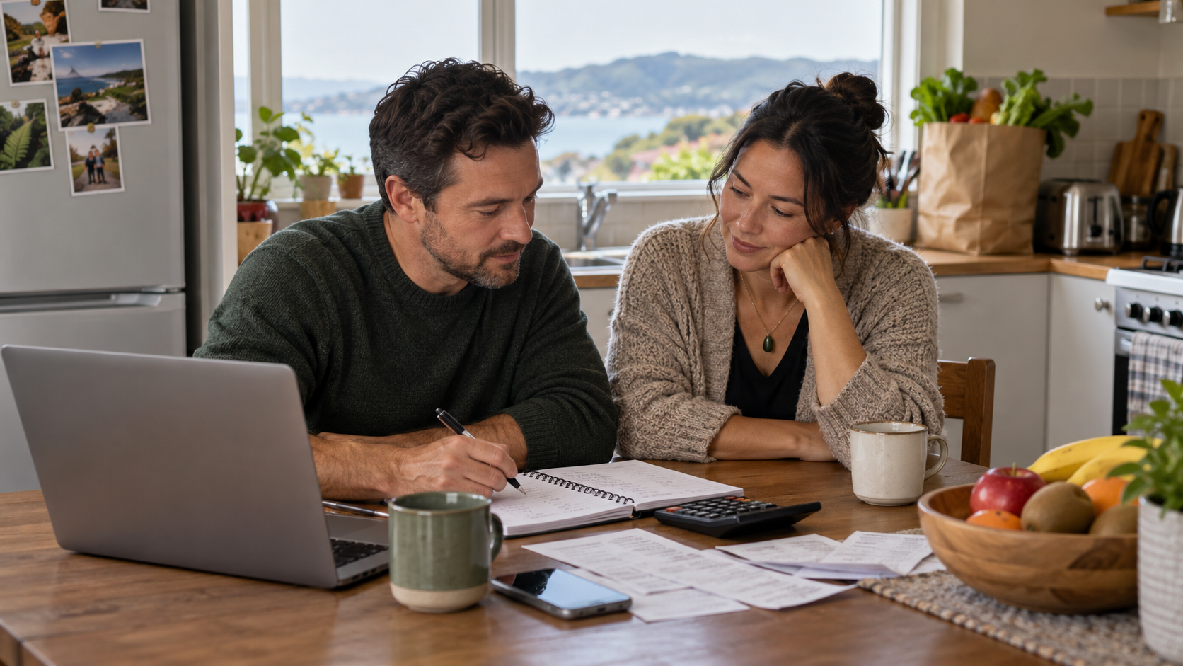 Two people reviewing a household budget in their kitchen.