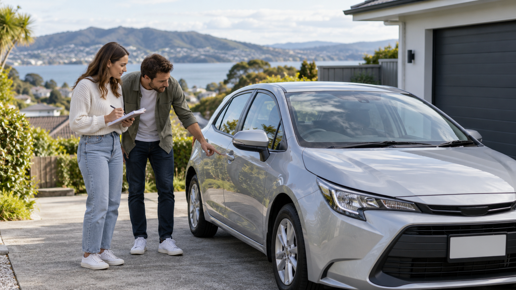 Two buyers inspecting a used car in a driveway.