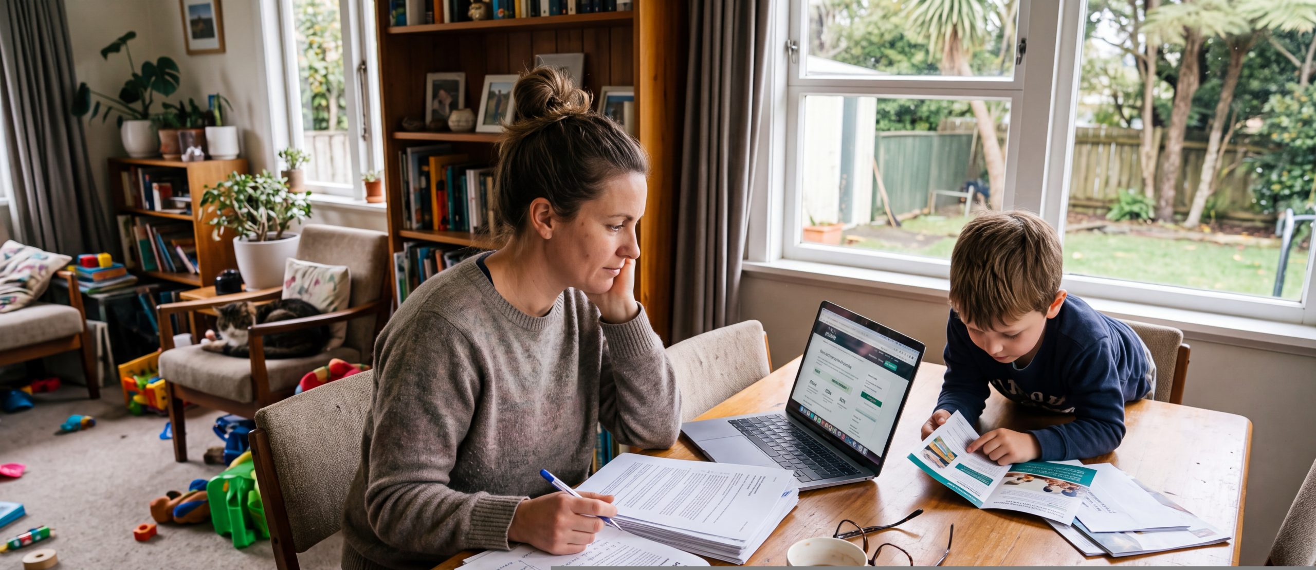 An adult reviewing documents at a kitchen table while a child writes nearby.